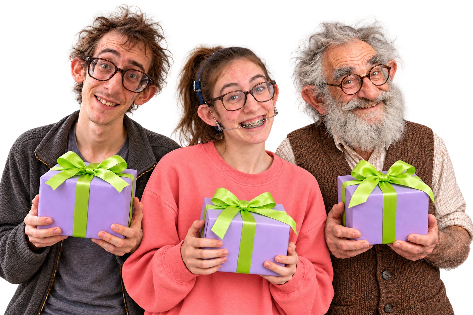 Unser Geschenk-Nerd, die Teenagerin mit Zahnspange und der wuschelige Opa mit ihren Geschenken